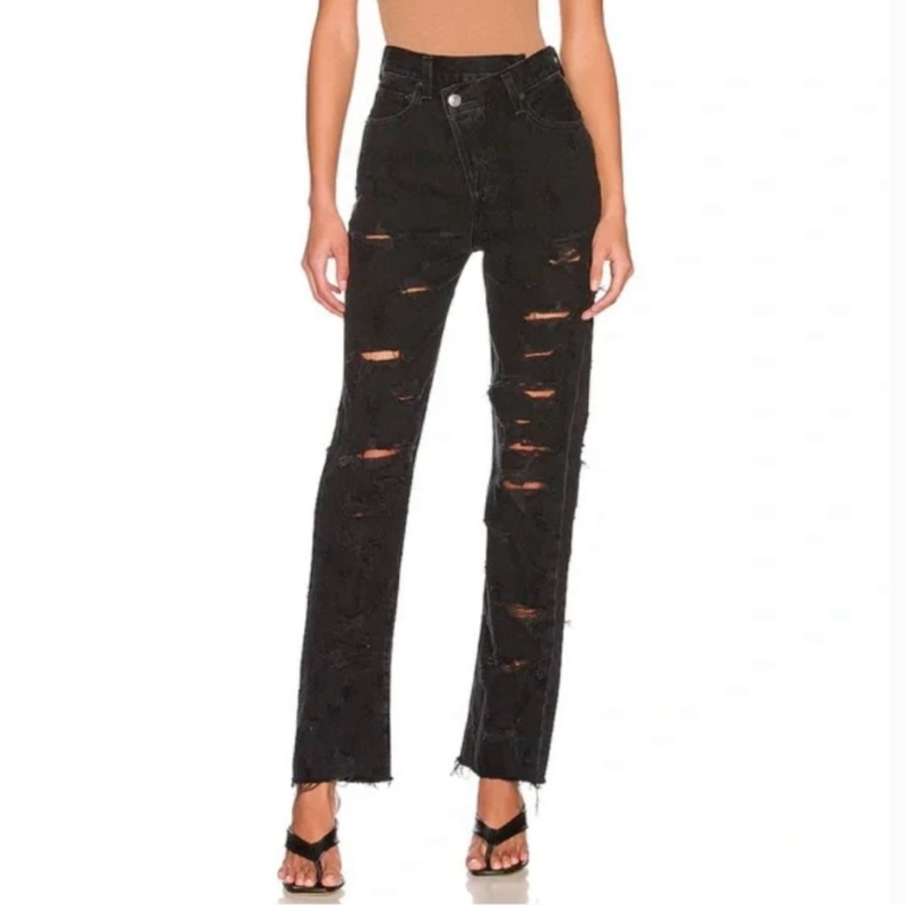 Agolde Criss Cross Straight Jeans High Rise Distressed in Black Feverish Size 26
